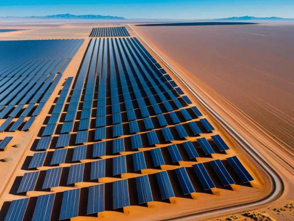 Un extenso parque solar en el desierto, con paneles brillando bajo el cielo azul