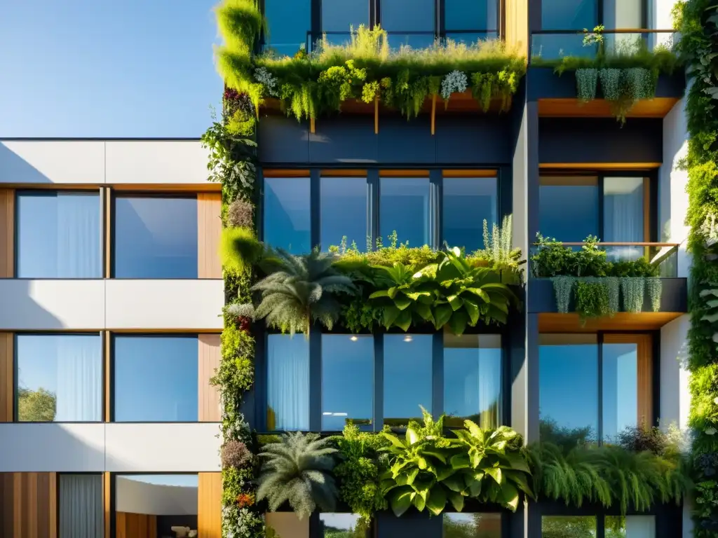 Exterior detallado de hogar sostenible con técnicas bioconstrucción, jardines verticales, paneles solares y diseño energético