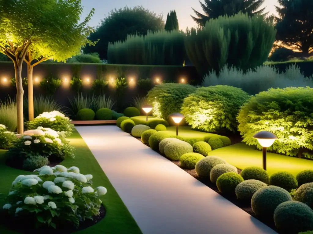 Iluminación exterior sostenible para jardines: Jardín verde iluminado por luces LED, creando un ambiente cálido y acogedor