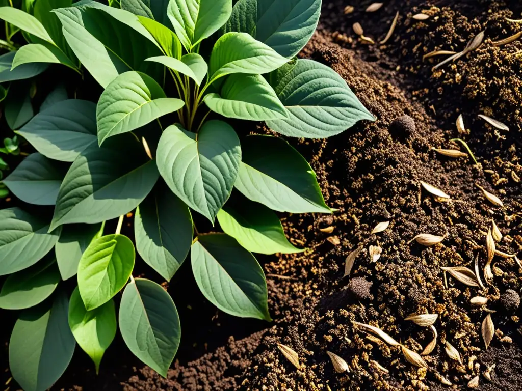 Un jardín exuberante con acolchado orgánico, bañado por la luz del sol, evocando tranquilidad y beneficios del acolchado orgánico en el jardín