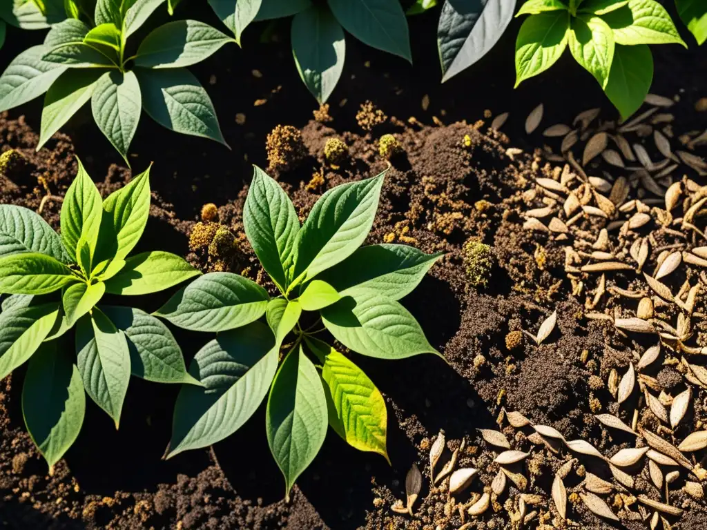 Un jardín exuberante con acolchado orgánico resaltando los beneficios de este método para el suelo y las plantas