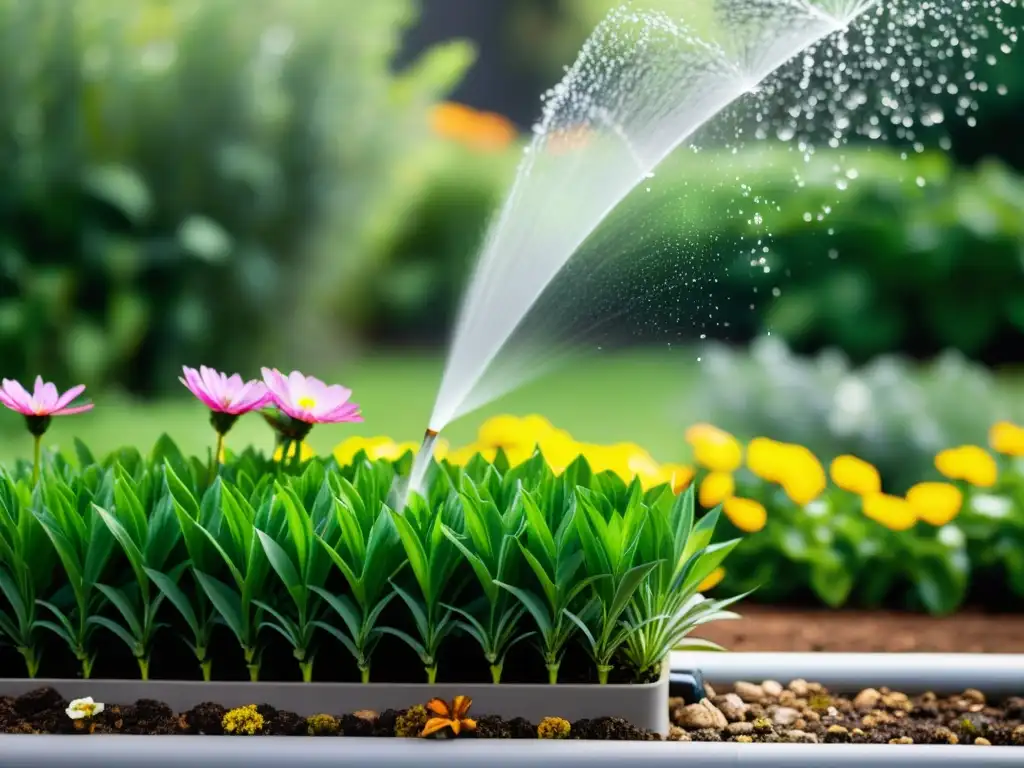 Un jardín exuberante es regado con aguas grises, mostrando el aprovechamiento aguas grises para jardines y su impacto ecológico positivo