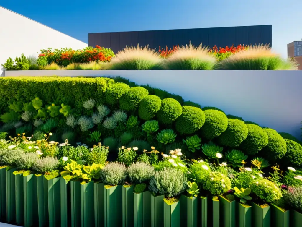 Un exuberante jardín en la azotea de un edificio urbano moderno, con una variedad de plantas y luz solar que crea sombras