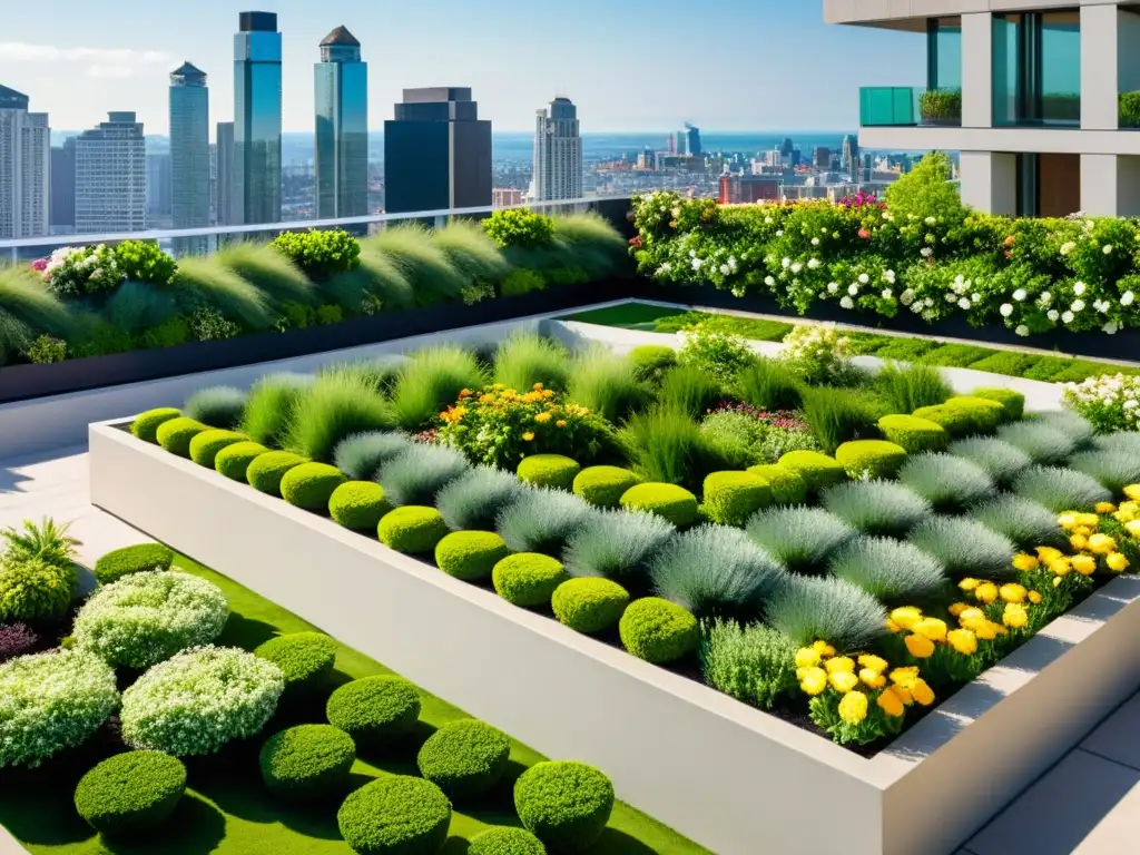 Un jardín exuberante en la azotea con plantas y flores, en armonía con la arquitectura moderna