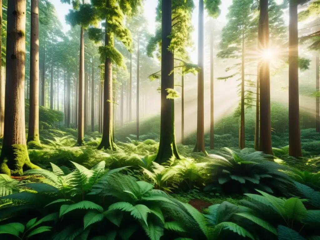 Exuberante bosque verde con árboles altos, luz filtrada y sombras