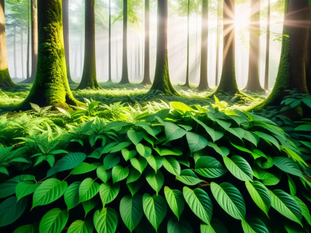 Un exuberante bosque verde bañado por la luz del sol, reflejando patrones en el suelo