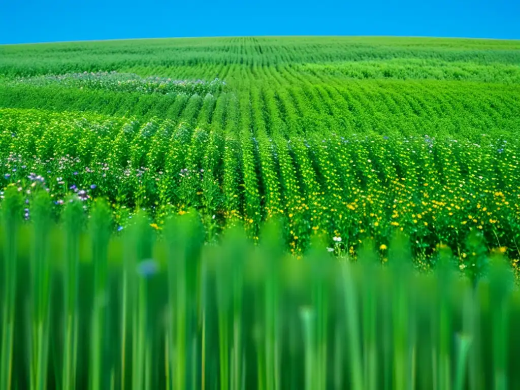 Un exuberante campo verde de cultivos de cobertura como trébol, centeno y veza, bajo un cielo azul brillante