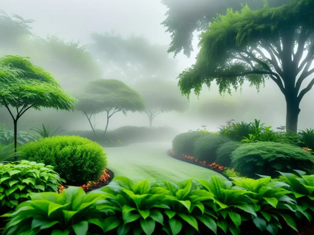 Jardín sostenible: colección de neblina para riego Jardín exuberante con captación de niebla para riego sostenible, envuelto en misteriosa neblina