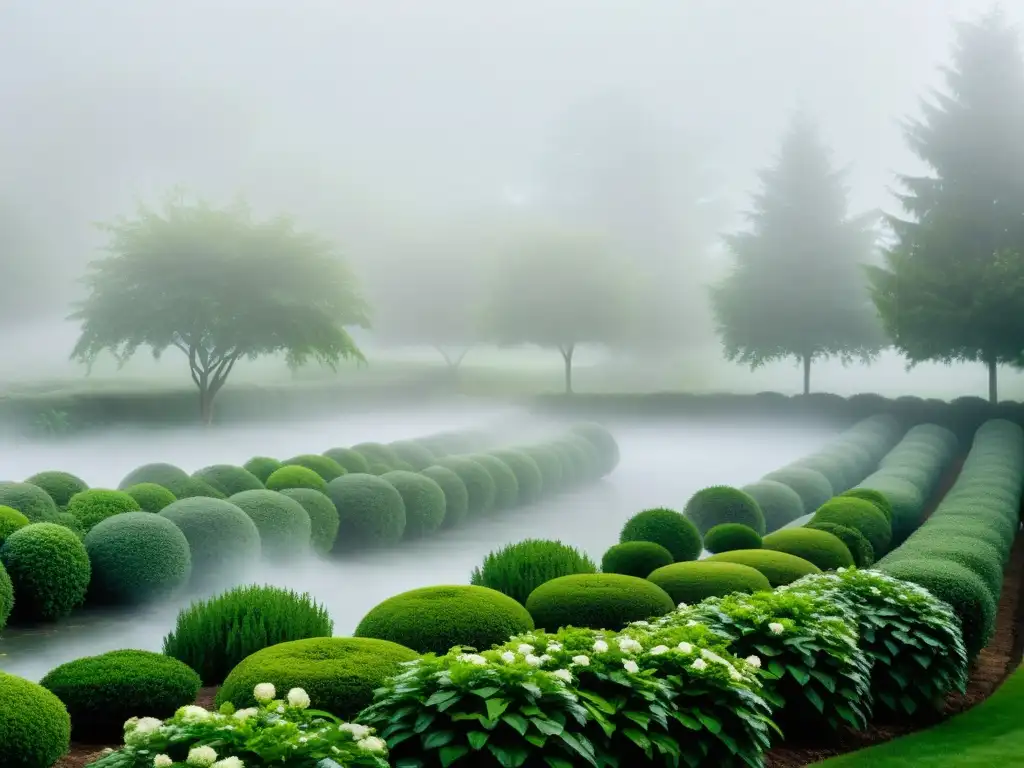 Jardín sereno con recolectores de niebla para riego sostenible Jardín exuberante con captación de niebla para riego sostenible, en armonía con la naturaleza y la tecnología ecoamigable