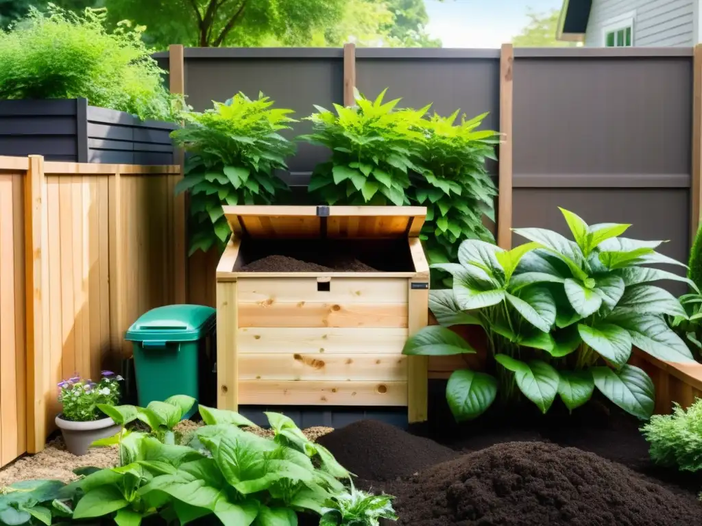 Un jardín exuberante con un compostador de madera entre plantas verdes, iluminado por el sol