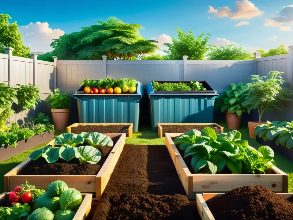 Un jardín exuberante con compostaje, frutas y verduras