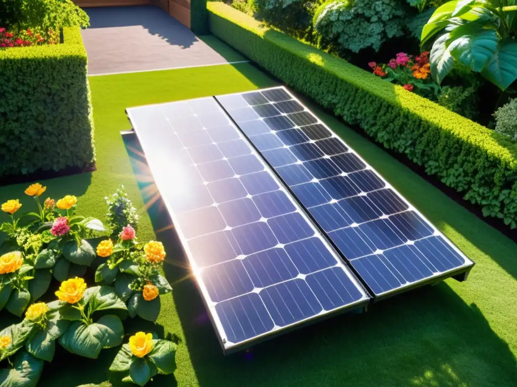 Un jardín exuberante alberga un conjunto de paneles solares detallados, capturando la energía del sol