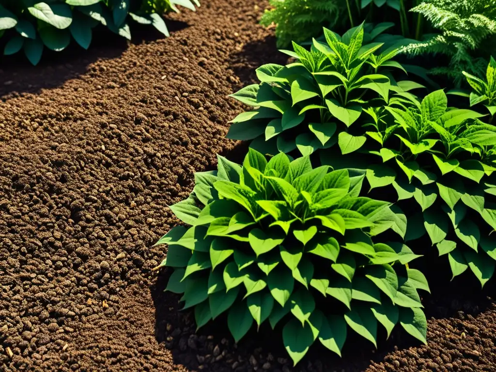 Un jardín exuberante cubierto de acolchado orgánico, con detalles que capturan la belleza y beneficios del mulching en el jardín