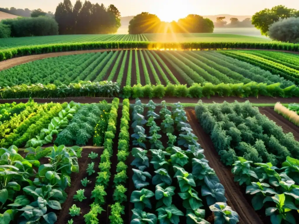 Un jardín exuberante con cultivos vibrantes y dorados, en perfecta armonía