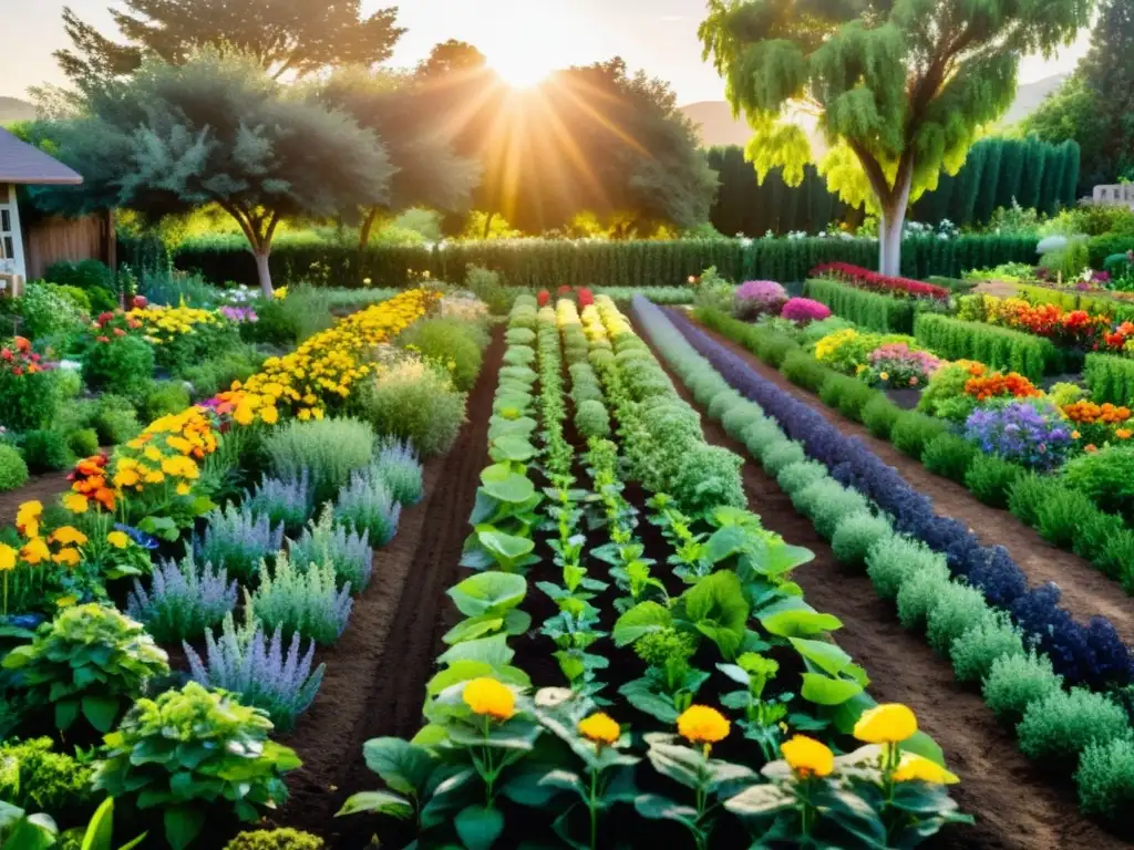 Jardín sostenible rebosante de vida y color Un exuberante jardín ecológico con flores, frutas y hortalizas en armonía