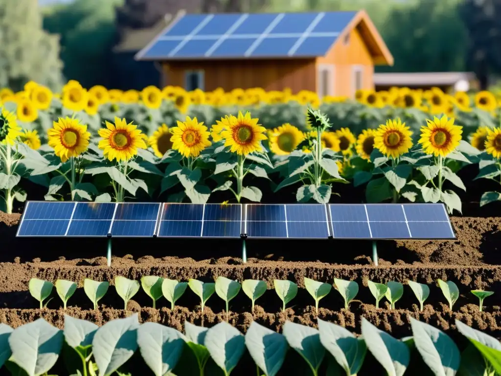 Un jardín exuberante con filas de girasoles, su suelo fértil lleno de vida, cerca de una casa sostenible