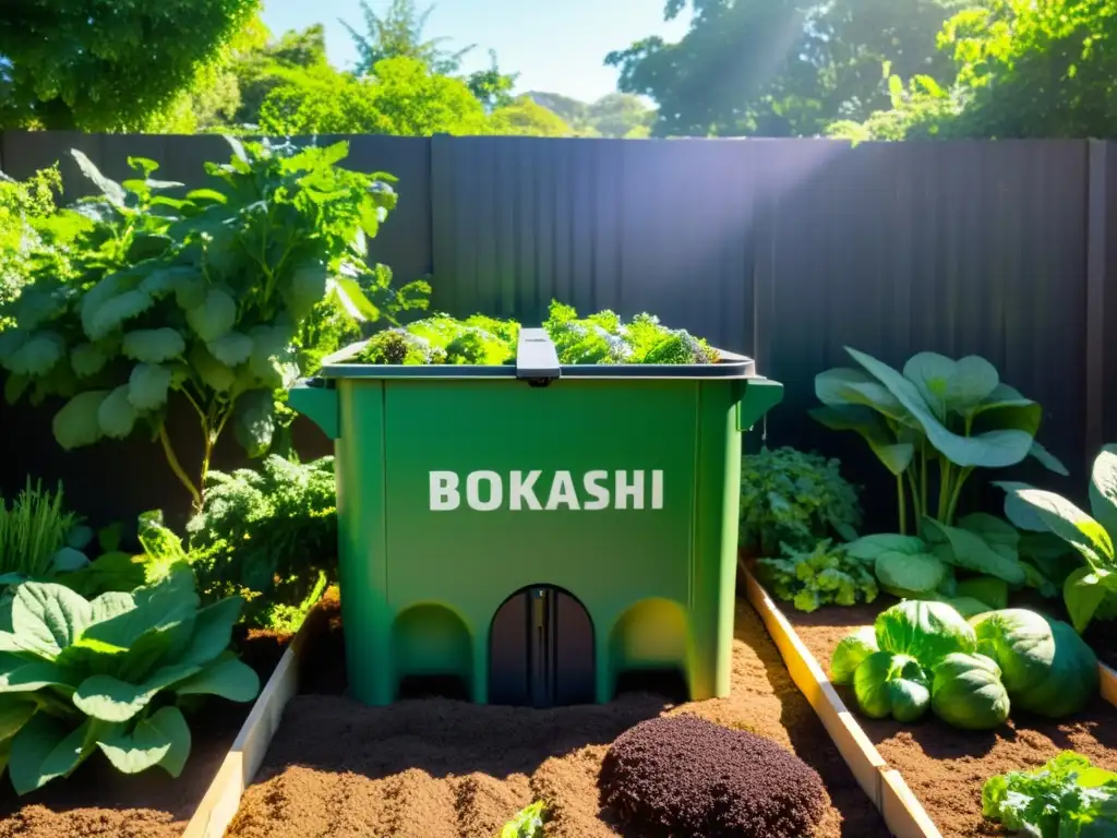 Un jardín exuberante con filas de vegetales y frutas vibrantes, árboles altos y luz solar filtrándose entre las ramas