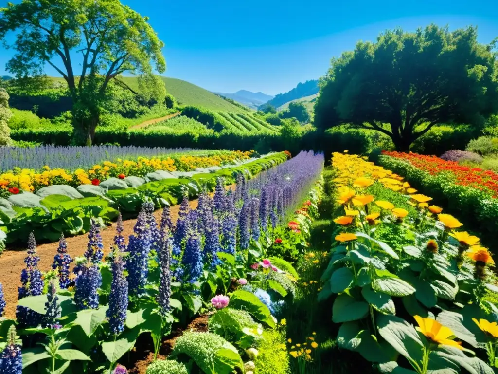 Jardín exuberante con frutas y verduras orgánicas, flores silvestres coloridas y arroyo sereno