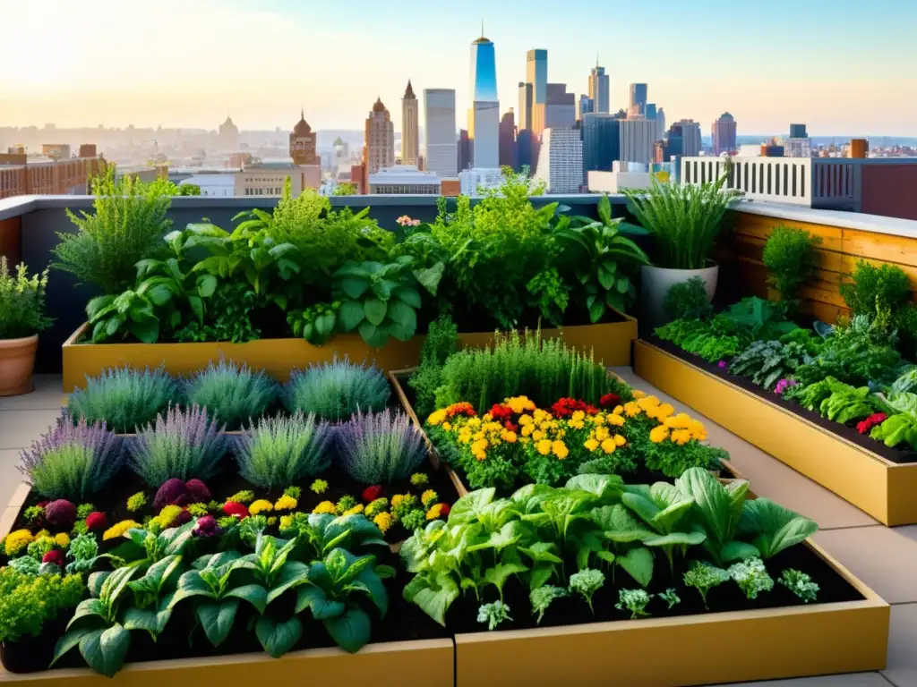 Jardín urbano vibrante: verduras, hierbas y flores en la azotea Una exuberante huerta urbana llena de coloridos vegetales, hierbas y flores, iluminada por el cálido sol