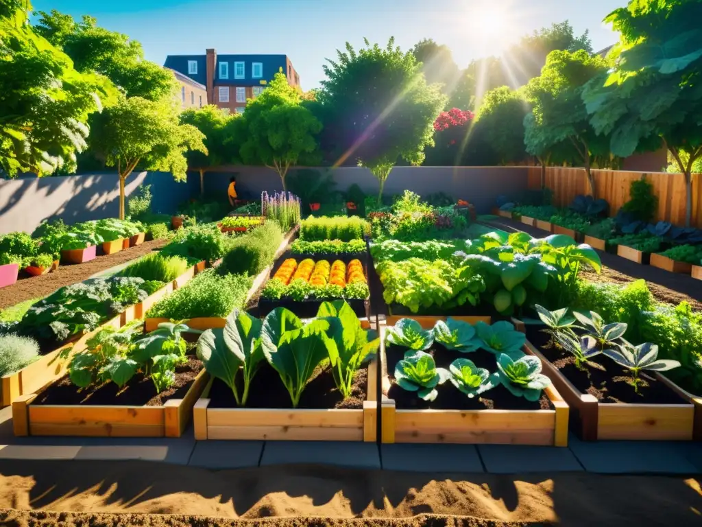 Un exuberante huerto urbano sostenible donde la comunidad cultiva frutas y verduras en armonía, bajo la cálida luz del sol