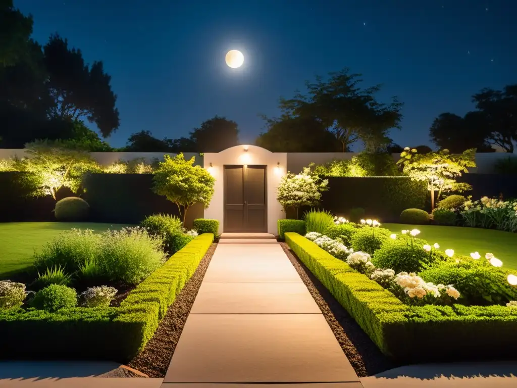 Un jardín exuberante iluminado por la suave luz cálida de la noche