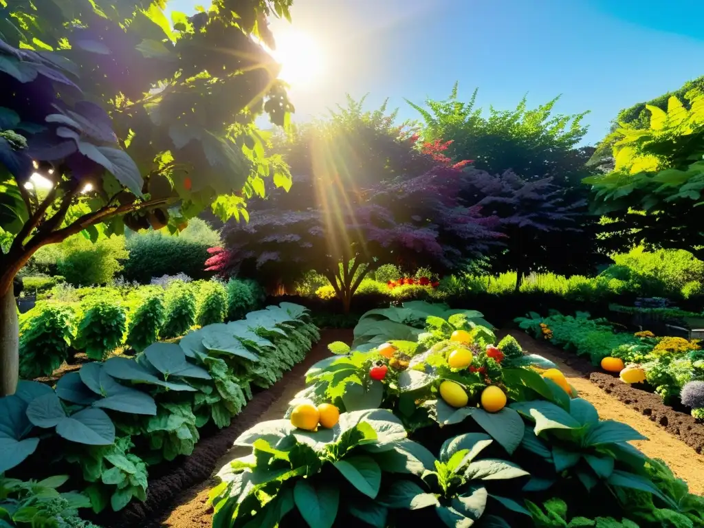 Un exuberante jardín biodinámico repleto de frutas y verduras saludables en armonía