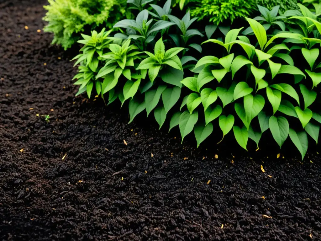 Un jardín exuberante con mulch oscuro alrededor de plantas y arbustos