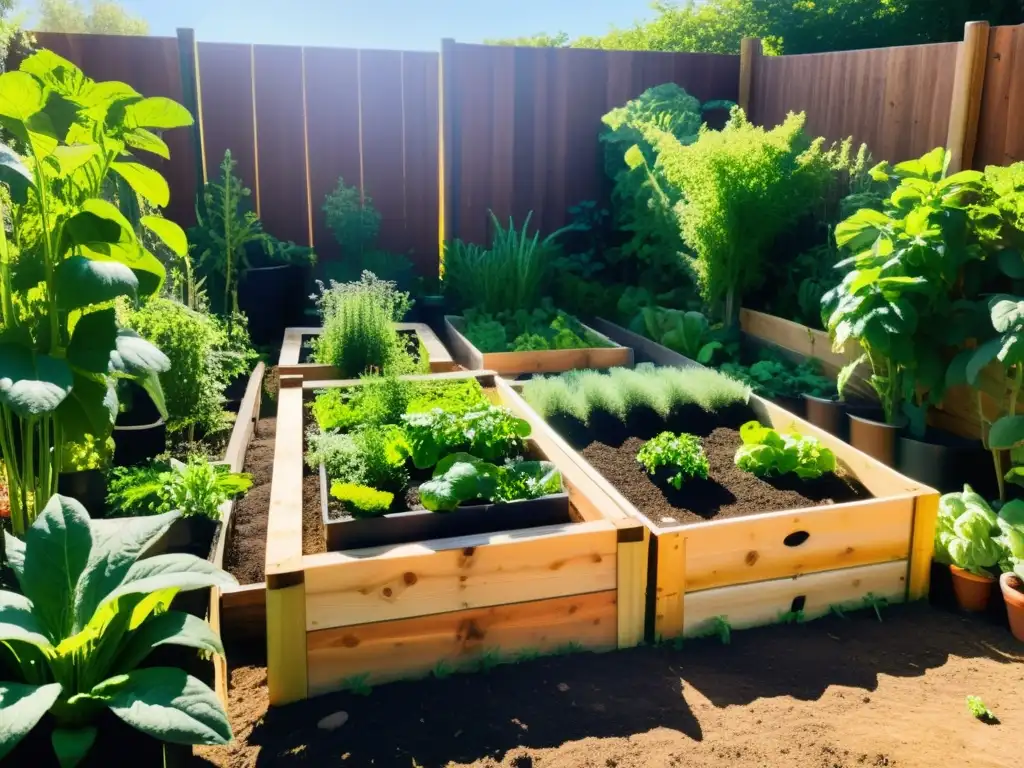 Un exuberante jardín de permacultura con camas elevadas ordenadas, repletas de vegetales, frutas y hierbas