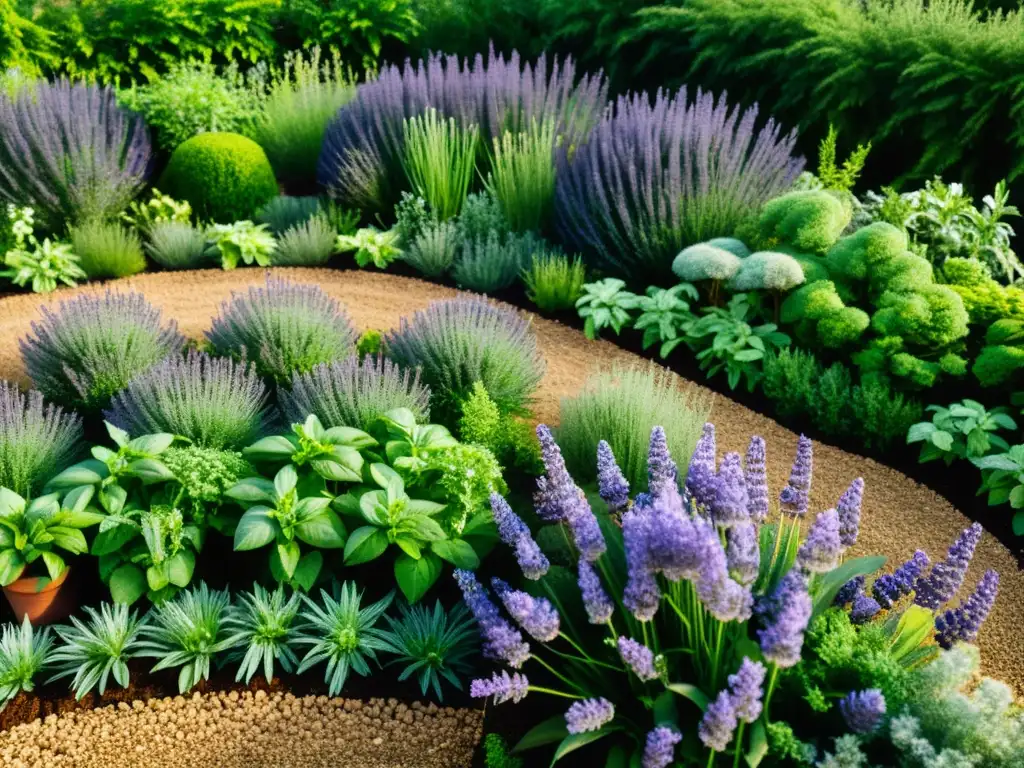 Exuberante jardín permacultural con hierbas aromáticas como lavanda, romero y menta