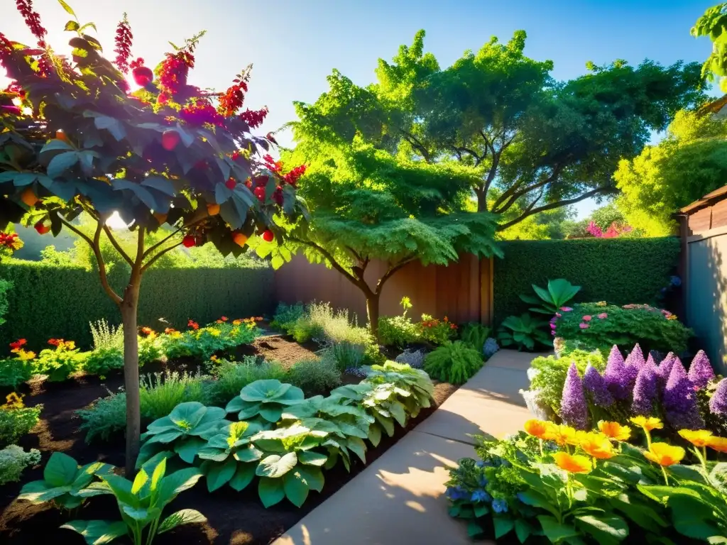 Un exuberante jardín rebosante de frutas, verduras y flores, todo floreciendo en suelo rico y saludable