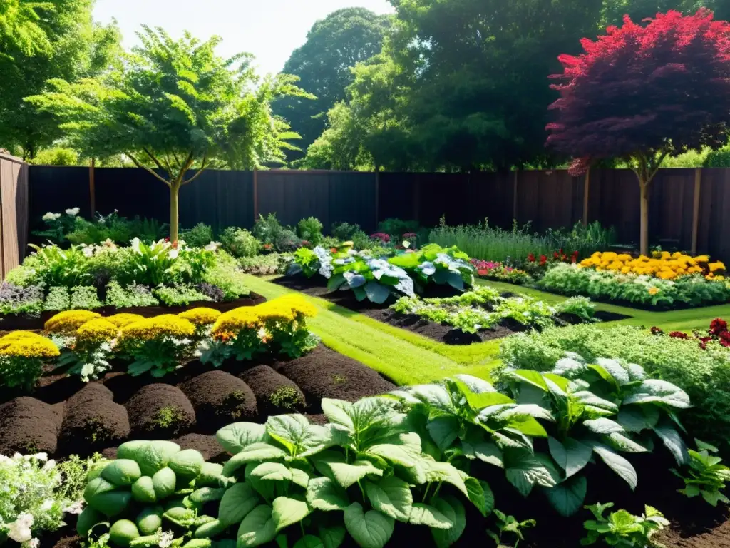 Un exuberante jardín rebosante de vida y abundancia, con frutas, verduras y flores creciendo en compostaje enriquecido