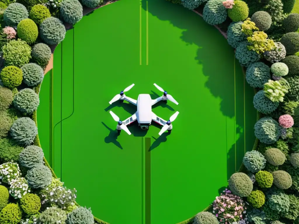 Un jardín exuberante con sensores y drones integrados, combinando tecnología y belleza natural para una jardinería ecológica de vanguardia