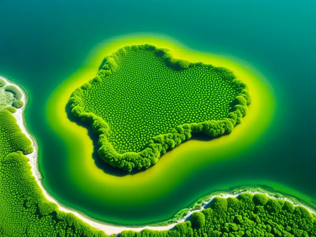 Una exuberante y serena imagen de un florecimiento de algas verdes en agua cristalina, capturando la esencia de negocio bioenergía algas sostenible