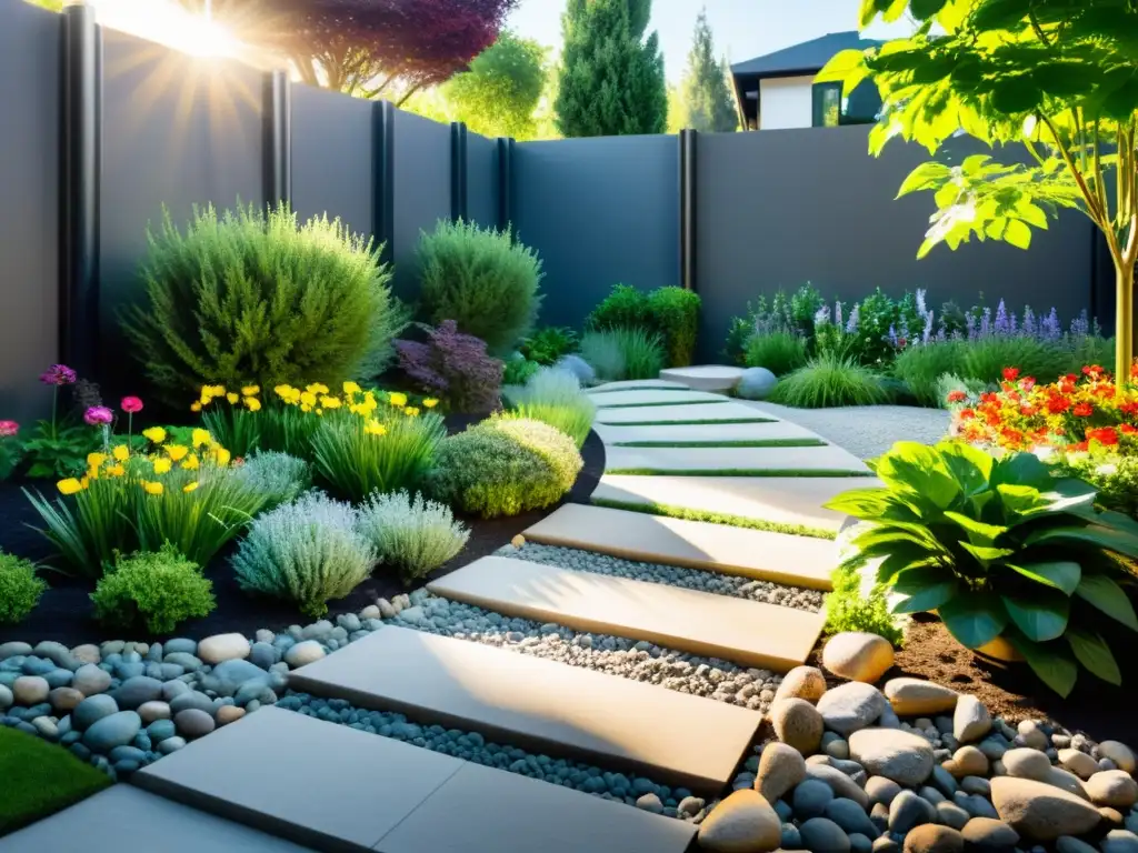 Jardín exuberante con sistema de riego por aguas grises, reflejando tranquilidad y sostenibilidad ambiental