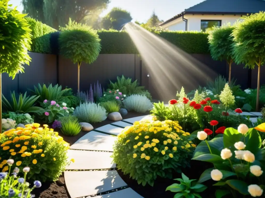 Un jardín exuberante con sistema de riego de aguas grises, flores vibrantes y luz solar entre las hojas