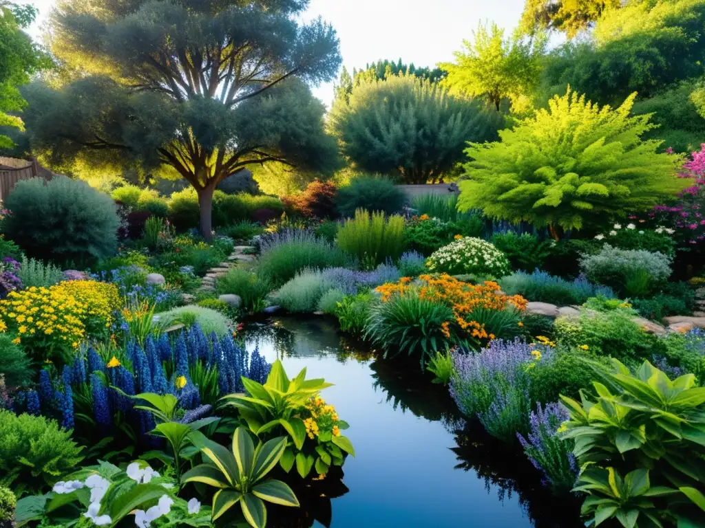 Un exuberante jardín sostenible con plantas nativas en plena floración y un sistema de riego eficiente