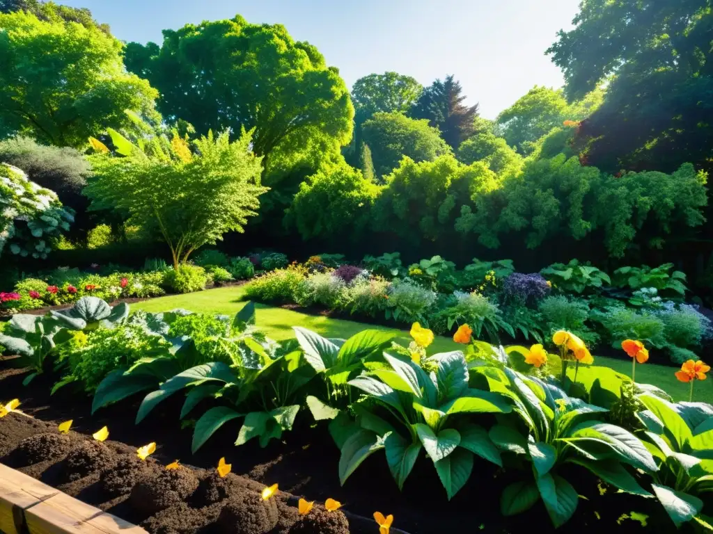 Un exuberante jardín sostenible repleto de frutas, verduras y flores, cultivado en compostaje fértil