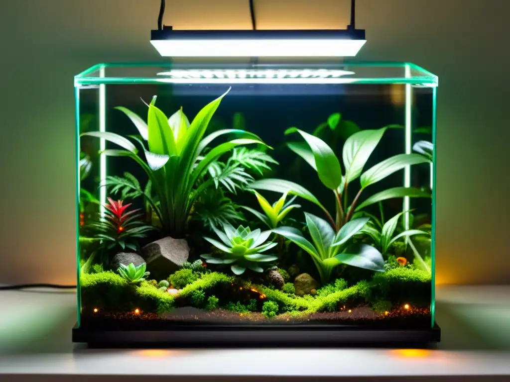 Un exuberante terrario iluminado con LED, creando una atmósfera ecológica