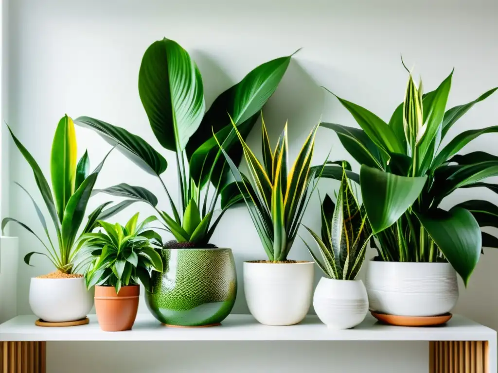 Un jardín interior exuberante y verde con plantas purificadoras de aire como sansevierias, espatifilos y clorofitos