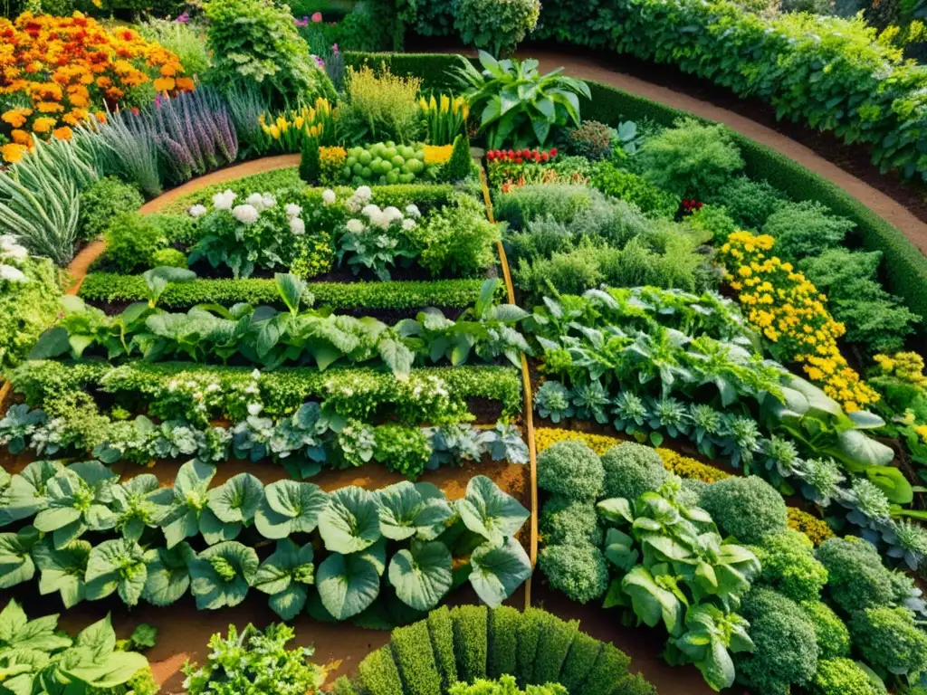 Un jardín exuberante con verduras, frutas y flores en armonioso diseño de jardines autosuficientes