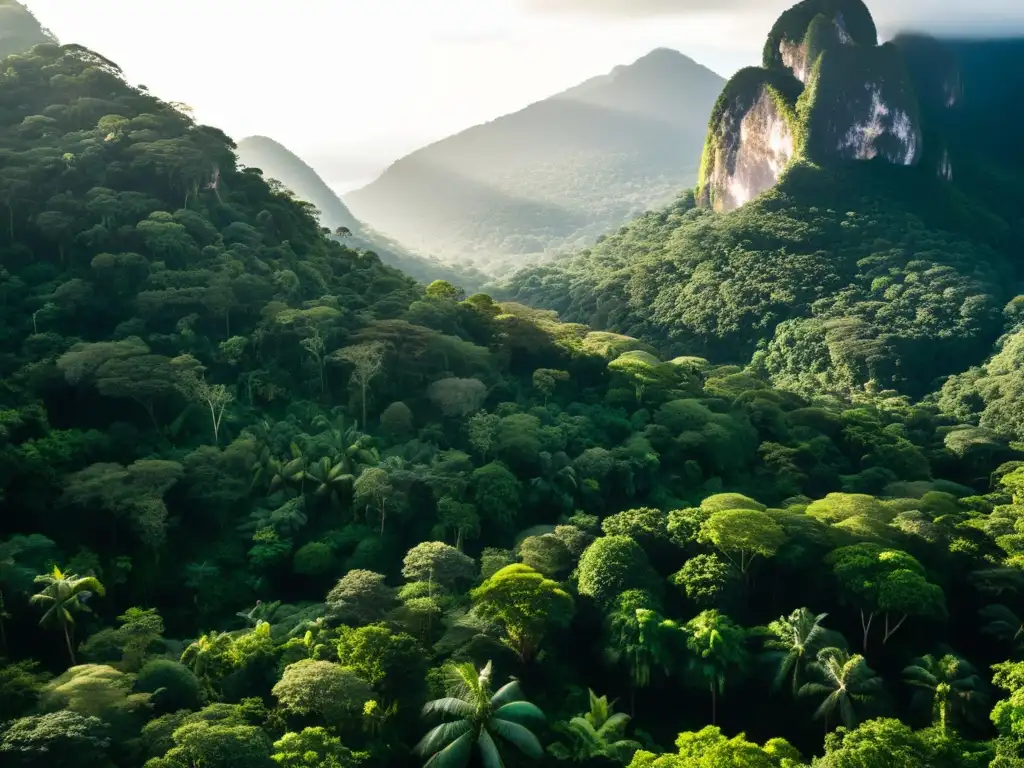 Un exuberante y vibrante bosque lluvioso en Brasil, con luz solar filtrándose a través del denso dosel, resaltando la diversa flora y fauna