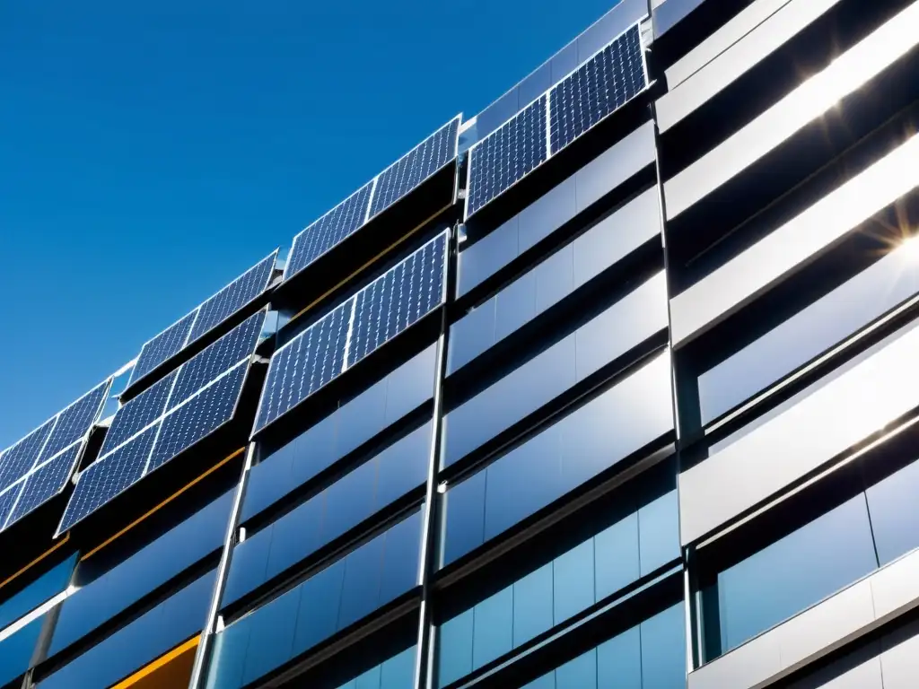 Una fachada minimalista con paneles solares integrados, reflejando la armonía entre tecnología renovable y diseño moderno en edificios inteligentes