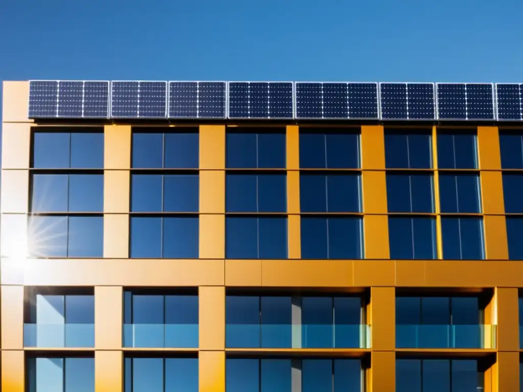 Una fachada moderna con paneles solares integrados, emitiendo una sensación de sostenibilidad e innovación