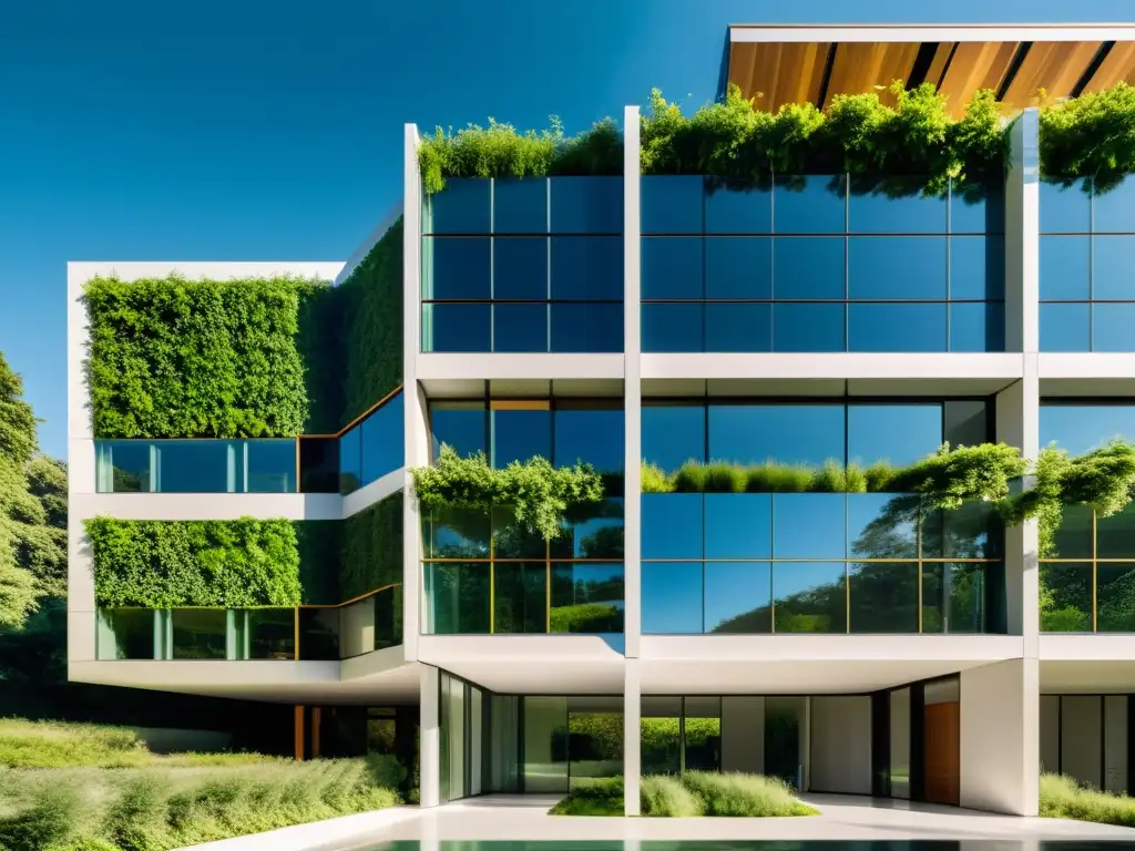 Fachadas dinámicas para eficiencia energética: moderno edificio con paneles ajustables y diseño sostenible rodeado de vegetación exuberante