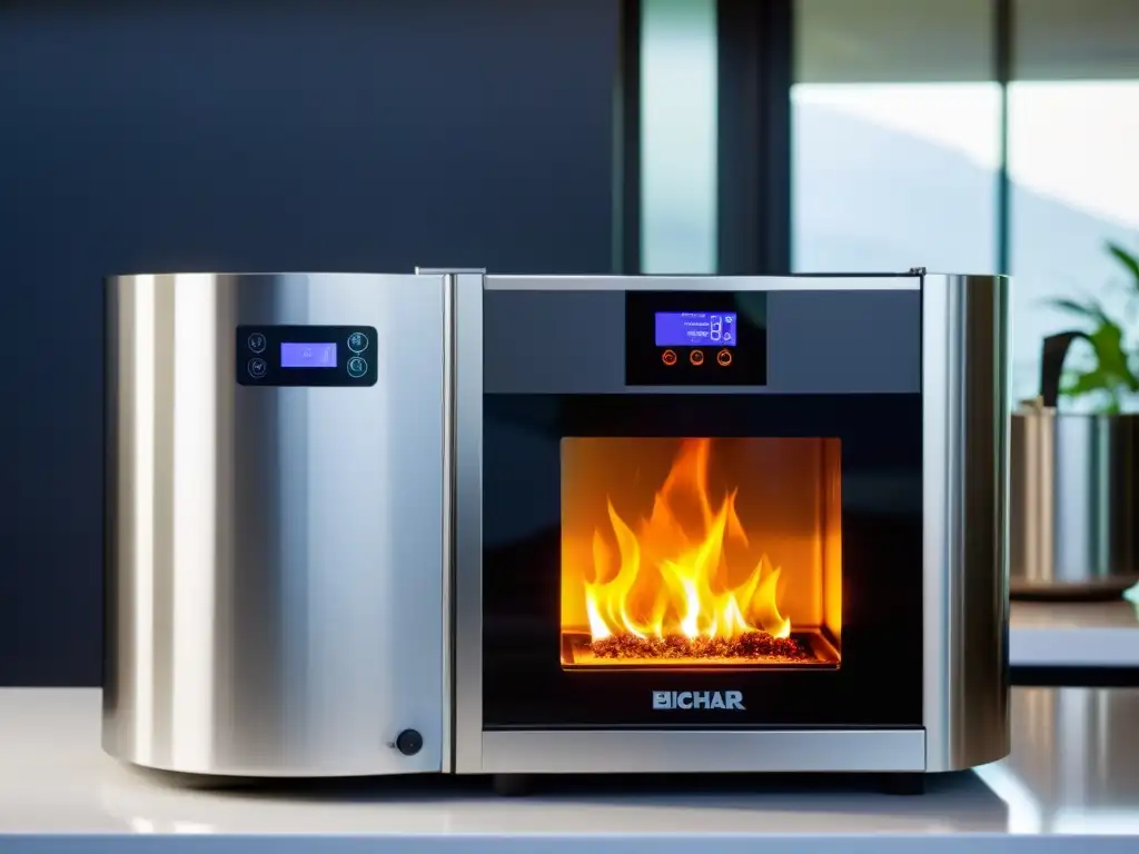 Una familia observa con asombro una moderna máquina de pirólisis en una cocina organizada, produciendo biochar y energía limpia