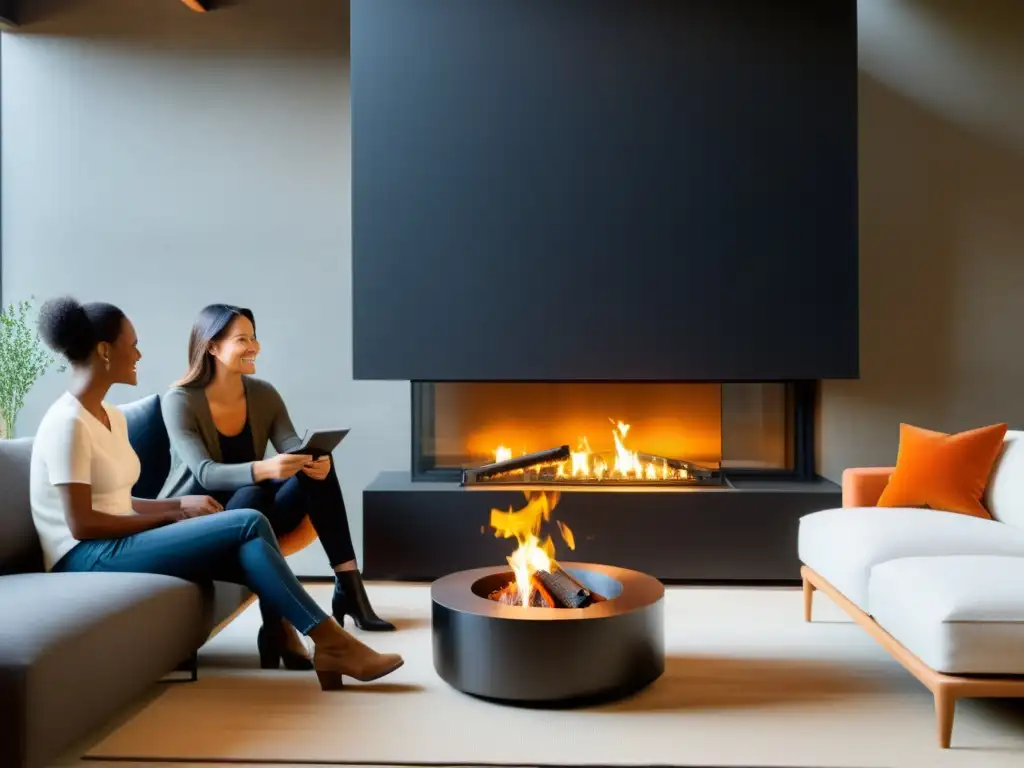 Una familia disfruta de la calidez sostenible alrededor de su moderna chimenea, con biochar brillando en tonos naranjas