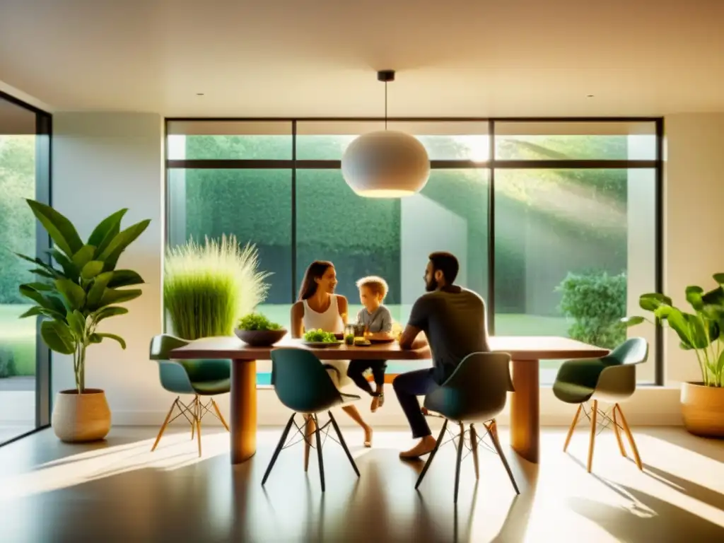 Una familia disfruta de una comida en un hogar sostenible, con muebles minimalistas y decoración ecofriendly