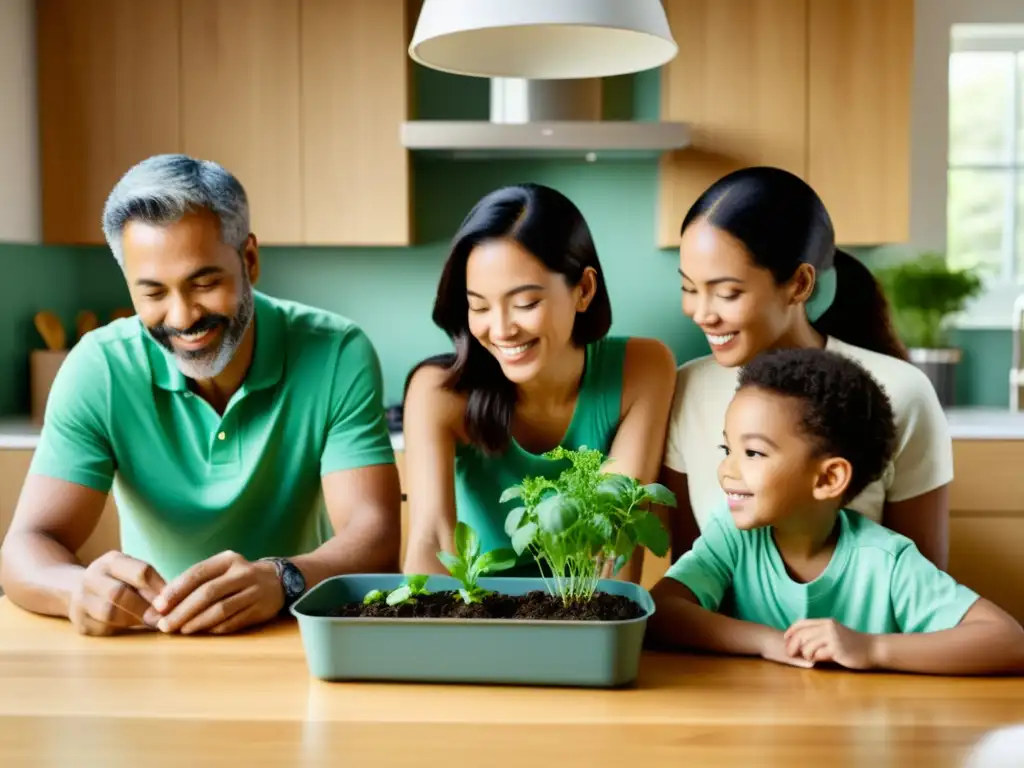 Una familia enseña a los niños sobre consumo responsable en el hogar, creando un ambiente cálido y educativo alrededor de la mesa de la cocina