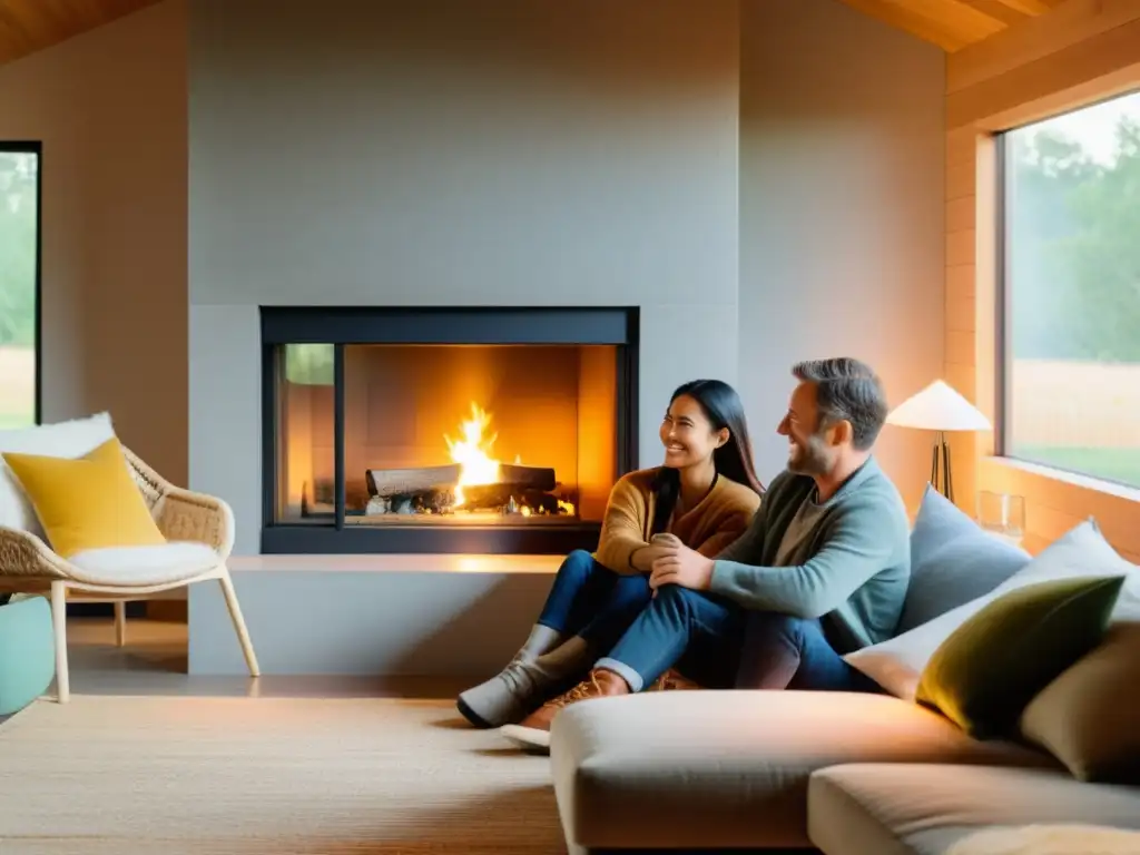 Una familia rural disfruta de la calidez de su hogar sostenible, iluminados por el resplandor de la chimenea de biocombustibles