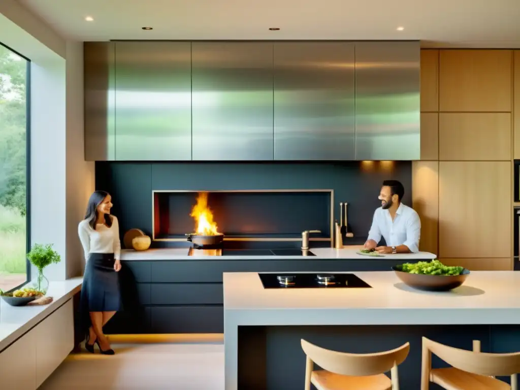 Una familia sonriente prepara la cena alrededor de una estufa de biocombustible en una cocina moderna y sostenible